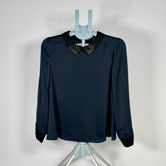 Modcloth Deep Navy Blouse with Beaded Collar Detail - Picture 2 of 9